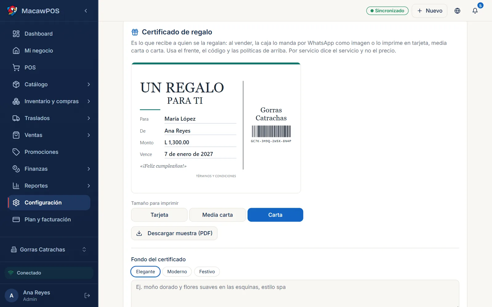 Un certificado de regalo de Macaw Suite con el diseño del negocio: para quién, de parte de quién, el monto y la fecha de vencimiento.