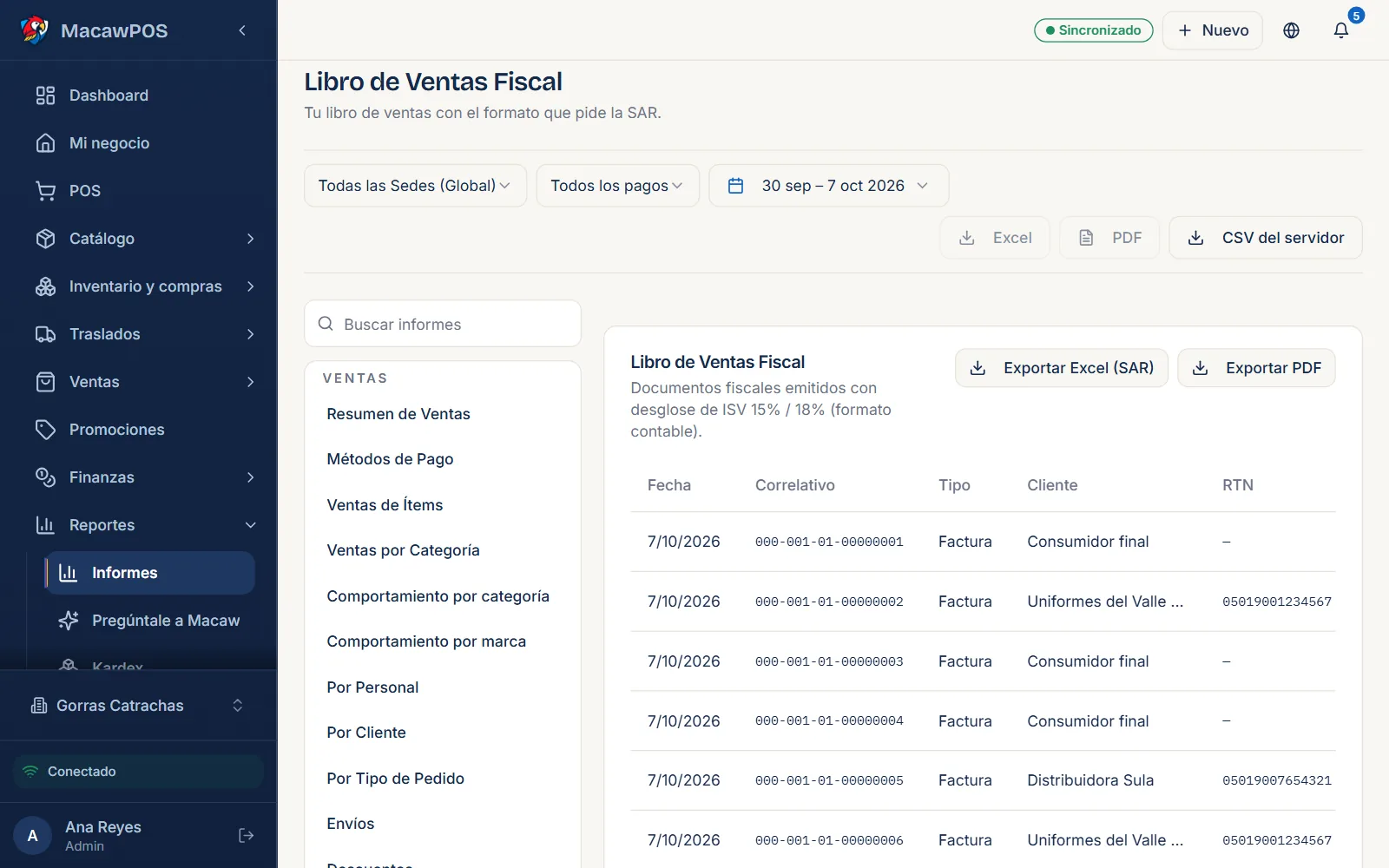 Libro de ventas para el SAR en Macaw Suite, con número de factura, CAI, RTN del cliente, ISV y total.