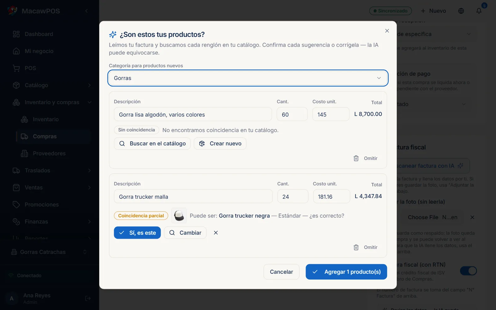 Macaw AI después de leer la factura de un proveedor: cada renglón con su cantidad y costo, y la sugerencia del producto que le corresponde en el catálogo.
