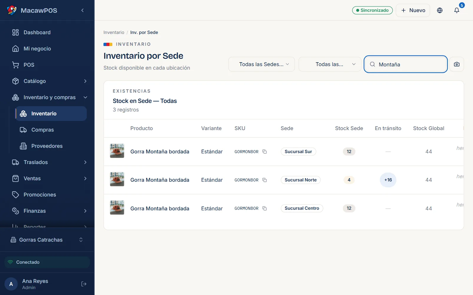 Ficha de un producto en Macaw Suite con la existencia de cada sucursal y lo que va en tránsito.